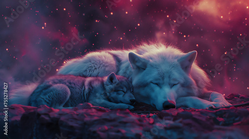 snow wolf sleeping with her cub  subject on the right  empty space on the left  night sky background full of pink aura. green  blue