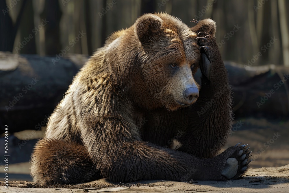 Fototapeta premium Bear sitting with his paw on his head as if in despair. concept emotions .