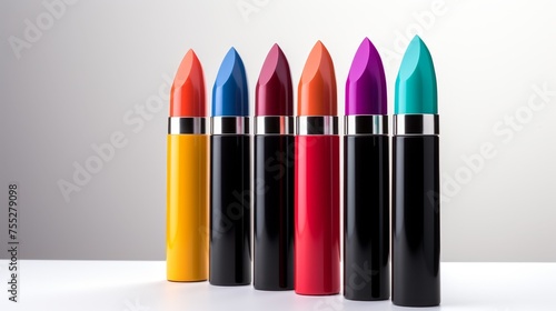 A range of colorful lipsticks aligned in a row against a gradient background