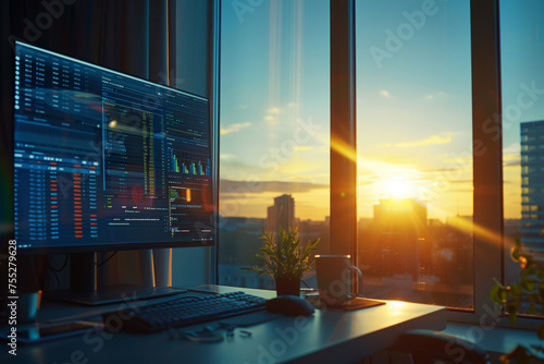 Sunset View from an Office with Financial Data on Screen