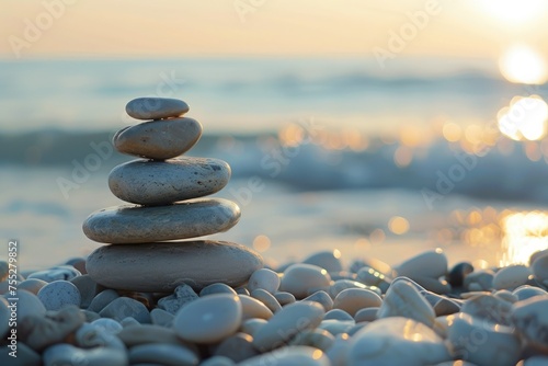 Pebbles stacked against golden sunset on beach - Smooth pebbles arranged in a cairn on a beach as the sun sets, conveying a sense of balance and the fleeting nature of time