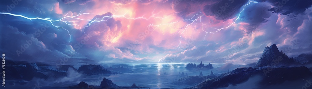 Digital artwork of a dramatic seascape with lightning and pink sky - obrazy, fototapety, plakaty 