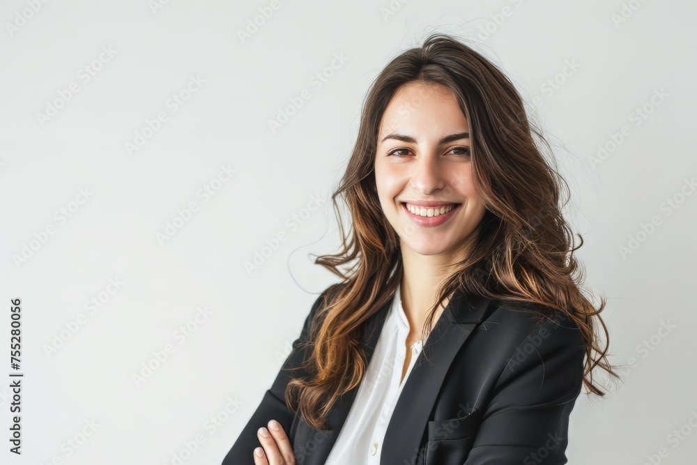 A successful business woman looks confident and smiles on white background A successful business woman looks confident and smiles on white background