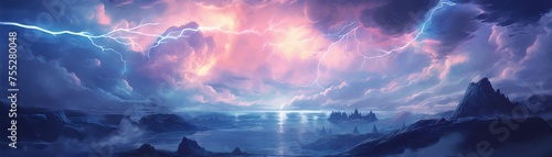 Digital artwork of a dramatic seascape with lightning and pink sky photo