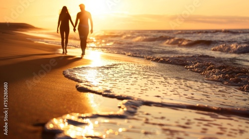 Silhouette of a couple holding hands and walking along a sandy beach during a romantic sunset.