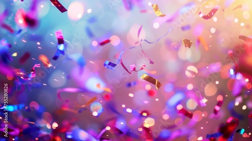 Colorful confetti pieces flying with sparkling lights, festive atmosphere background for parties and celebrations. © tashechka