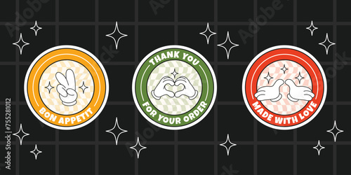 Collection of stickers for delivery, bar, cafe restaurant. Set of stickers with caption. Trendy vector illustration in retro groovy style. Bon appetit.