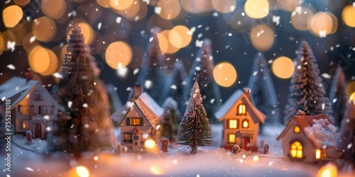 A charming miniature Christmas village is bathed in the warm glow of lights amidst a magical snowfall.