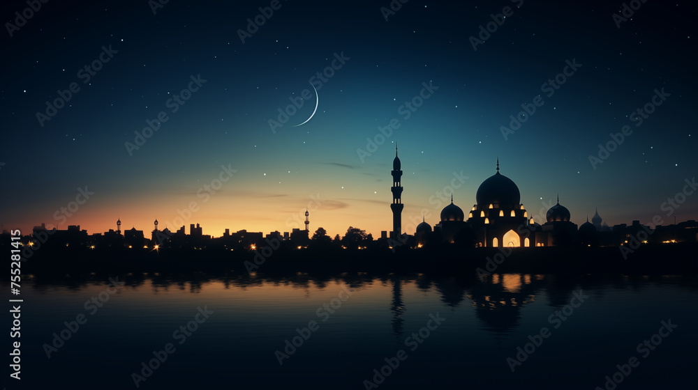 a mosque silhouette against a Ramadan night sky, with a crescent moon and stars. Ramdan Kareem & Eid Mubark. 