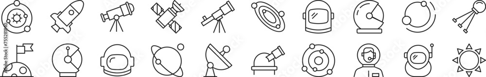 Collection of thin signs of astronaut. Editable stroke. Simple linear illustration for stores, shops, banners, design Collection of thin signs of astronaut. Editable stroke. Simple linear illustration for stores, shops, banners, design