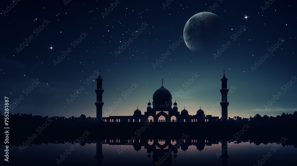 a mosque silhouette against a Ramadan night sky, with a crescent moon and stars. Ramdan Kareem & Eid Mubark. 