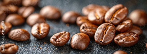 Close-up of roasted coffee beans scattered on a dark surface.