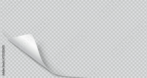 Curled corner of paper with shadow realistic vector illustration. Office essentials. Turning notebook page 3d model on transparent background