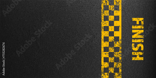 Asphalt road with yellow finish line marking, concrete highway surface, texture. Street traffic lane, road dividing strip. Pattern with grainy structure, grunge stone background. Vector illustration photo