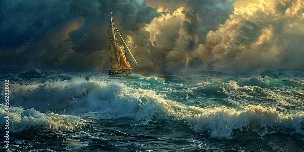 sailboat stormy ocean sky stray realms clouded torrent hydrogen ray golden sunlight fear steams instinct fails ship - obrazy, fototapety, plakaty 