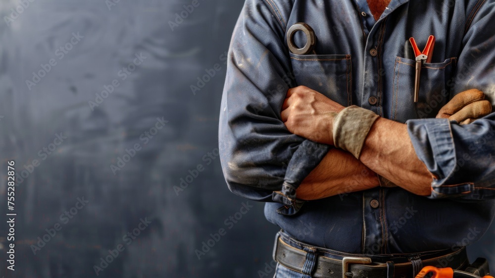 Close-up of a worker's crossed arms - A confident skilled worker with crossed arms wearing a tool belt on a blurred background Close-up of a worker's crossed arms - A confident skilled worker with crossed arms wearing a tool belt on a blurred background