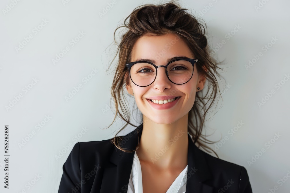 A successful business woman looks confident and smiles on white background