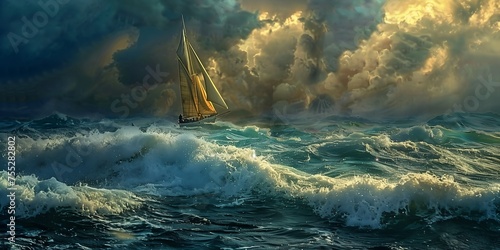 sailboat stormy ocean sky stray realms clouded torrent hydrogen ray golden sunlight fear steams instinct fails ship photo