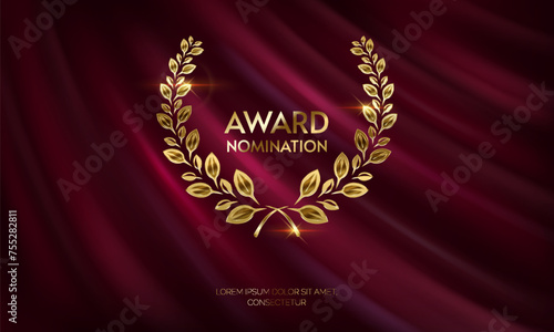 Laurel winner wreath with place for text realistic vector illustration. Appreciation of best participant 3d model on red cloth background