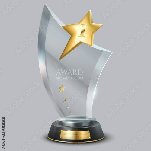 Glass trophy with golden stars for achievement realistic vector illustration. Business industry leader prize 3d model on light background