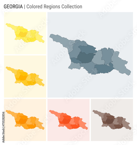 Georgia map collection. Country shape with colored regions. Blue Grey, Yellow, Amber, Orange, Deep Orange, Brown color palettes. Border of Georgia with provinces for your infographic.