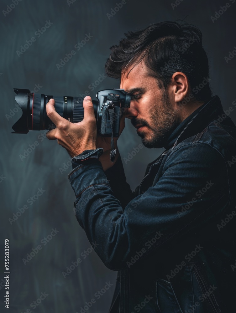 Photographer capturing moment with DSLR camera - A man holding a professional DSLR camera, focusing on capturing the perfect shot in a dimly lit backdrop Photographer capturing moment with DSLR camera - A man holding a professional DSLR camera, focusing on capturing the perfect shot in a dimly lit backdrop