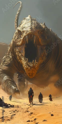 people walking sand giant monster promotional mouth open terrifying roar desert lands protagonist foreground roper behemoth closeup facing off duel nomad