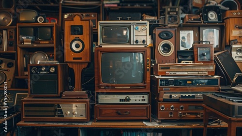 Vintage collection of televisions and radios - An assortment of old-fashioned televisions, radios, and speakers, evoking a nostalgic retro feel