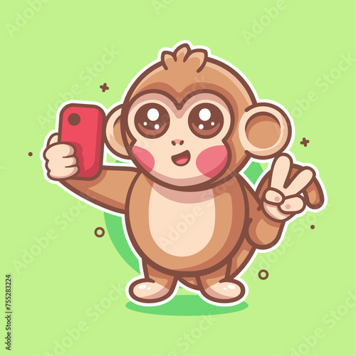 happy monkey animal character mascot taking a selfie with a smartphone isolated cartoon