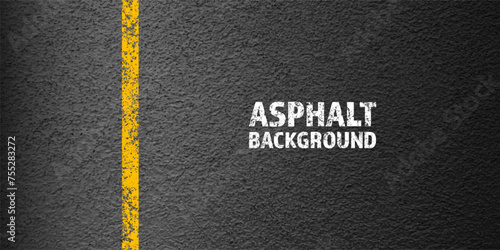 Asphalt road with yellow cracked lane marking, concrete highway surface, texture. Street traffic line, road dividing strip. Pattern with grainy structure, grunge stone background. Vector illustration