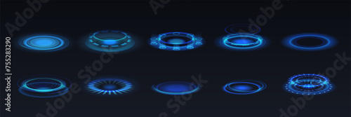 Fantasy portal podiums realistic vector illustration set. Blue glowing rings of energy 3d elements on black background. Sci-fi design template