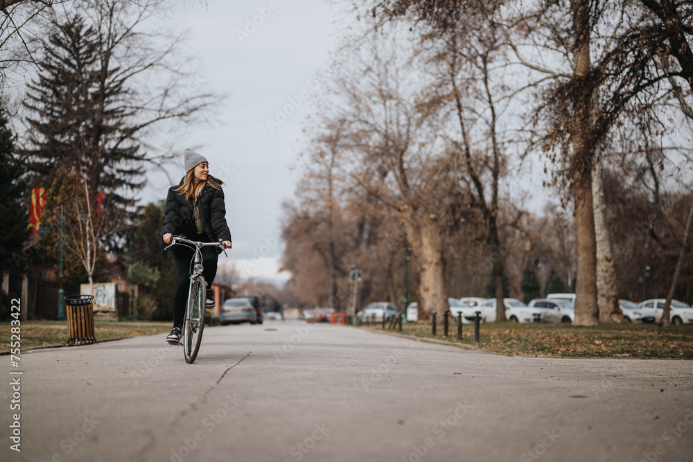 An adult female cyclist rides leisurely on a park path, surrounded by autumn trees and a calm urban environment, embodying active lifestyle and serenity. An adult female cyclist rides leisurely on a park path, surrounded by autumn trees and a calm urban environment, embodying active lifestyle and serenity.