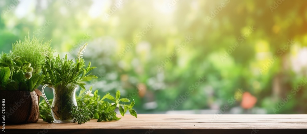 A wooden table with a potted plant placed next to a window. The sunlight filters through, creating a warm glow on the plant and table. The blurred view of a green garden outside adds a touch of nature