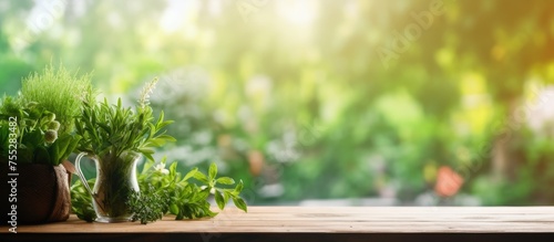 A wooden table with a potted plant placed next to a window. The sunlight filters through, creating a warm glow on the plant and table. The blurred view of a green garden outside adds a touch of nature