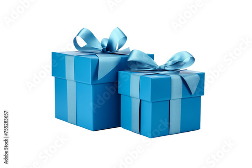 Elegant gift boxes adorned with blue bows against a pristine realistic portrait isolated on PNG © Muhammad
