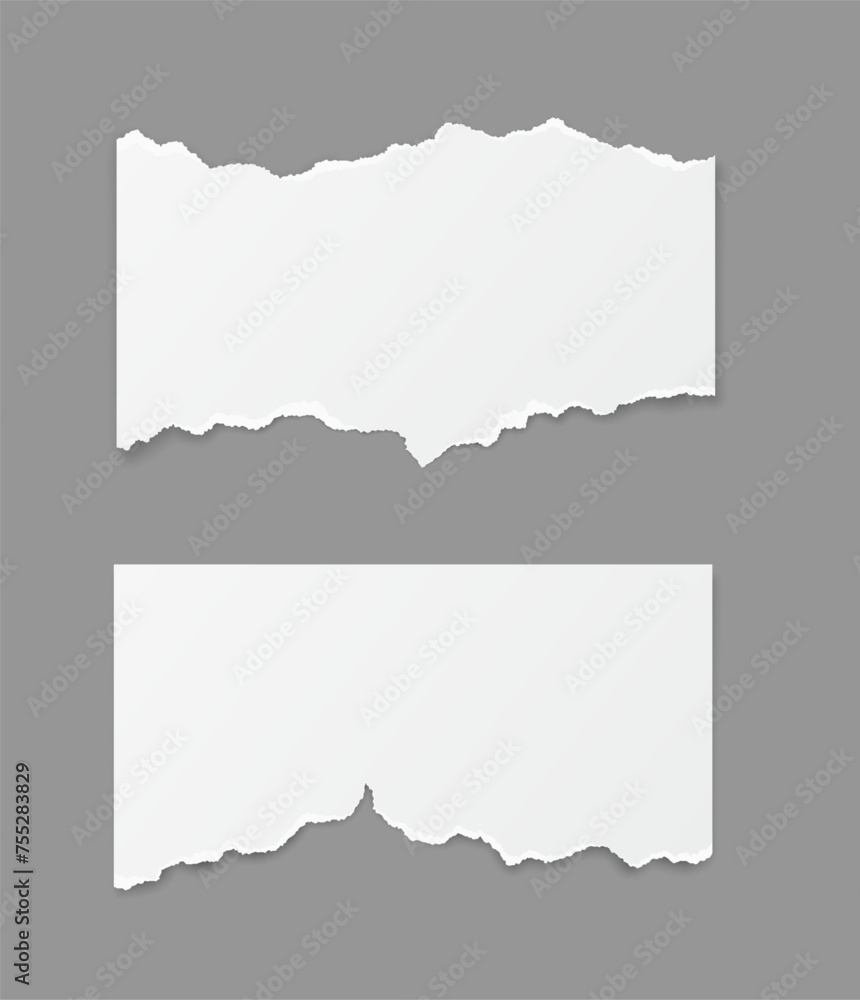 Ripped out paper strips realistic vector illustration set. Blank shreds pieces. Pages with torn edges 3d objects on grey background collection