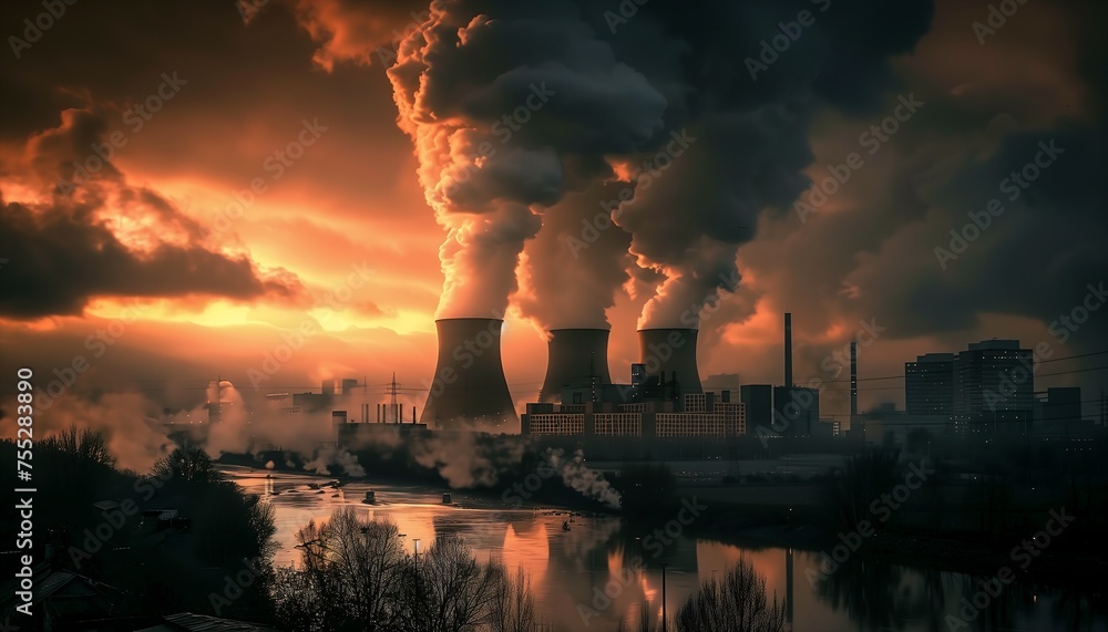 smoke billows factory river foreground models evil warp energy moody sunset sky nuclear future grim lighting night totalitarian setting chimneys wasteland - obrazy, fototapety, plakaty 