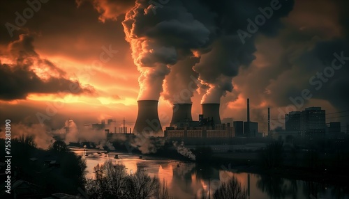 smoke billows factory river foreground models evil warp energy moody sunset sky nuclear future grim lighting night totalitarian setting chimneys wasteland