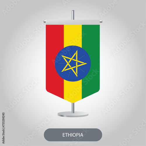 Ethiopia table flag icon isolated on light grey background. Ethiopian desk flag on barely white background.