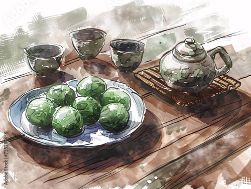 Qingming Festival eat green group dim sum drink tea illustration
 photo