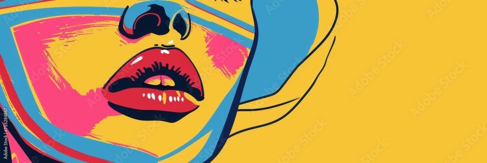 Pop art style colorful female face close-up - Bold and striking pop art rendition of a woman's face, highlighting contemporary art and fashion Pop art style colorful female face close-up - Bold and striking pop art rendition of a woman's face, highlighting contemporary art and fashion