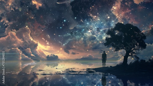 Man standing under a tree in a cosmic landscape - A solitary man stands under a tree, contemplating a surreal cosmic landscape with stars and nebulae