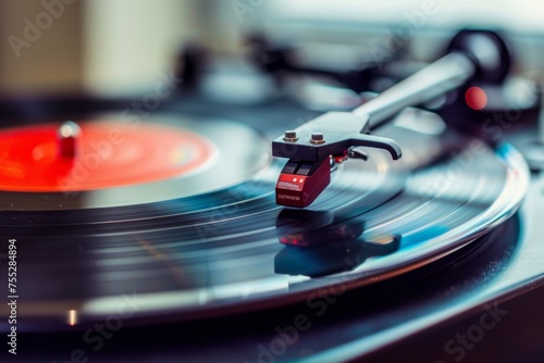 Vintage vinyl player stylus on a record - Detailed close-up of a stylus on a spinning vinyl, emphasizing the texture and retro music technology photo