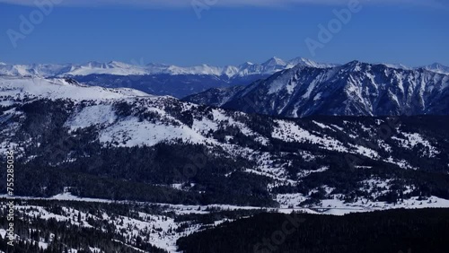 Vail Pass Colorado aerial drone landscape i70 Copper Mountain Silverthorne Frisco Grays and Torreys Tenmile peak sunny winter morning fresh snow blue sky Rocky Mountains Continental Divide upward photo