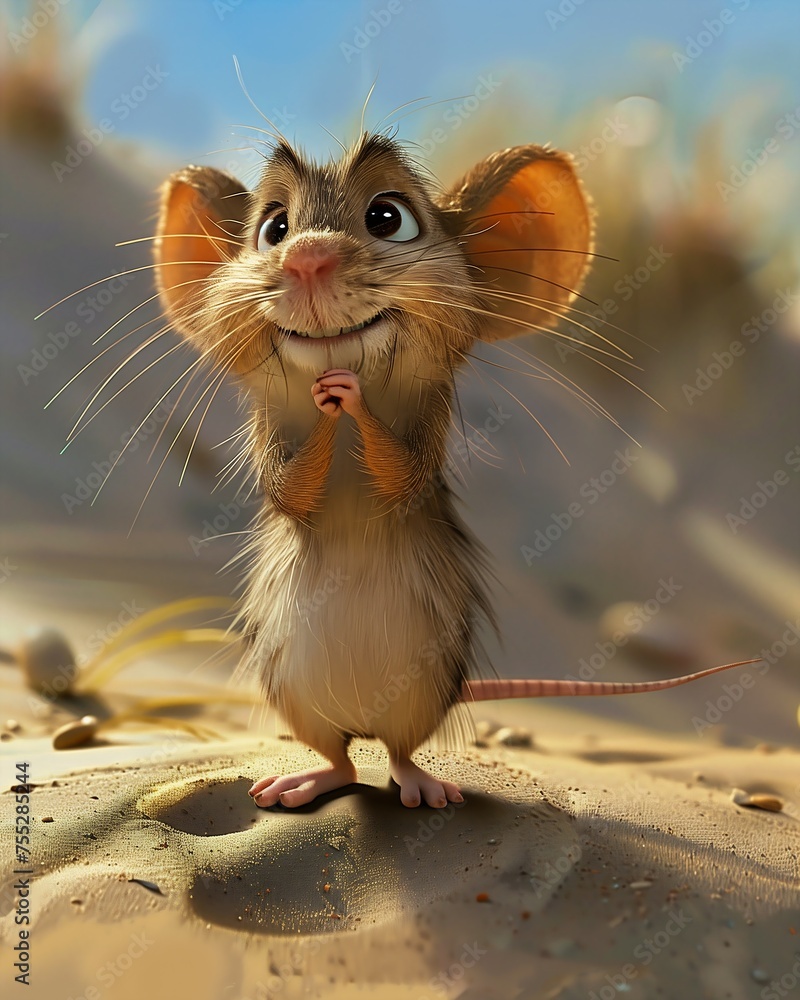 small mouse standing sandy surface praying optimistic smile funny face toon focus watching finnish cartoon cheddar evil pose entertainment