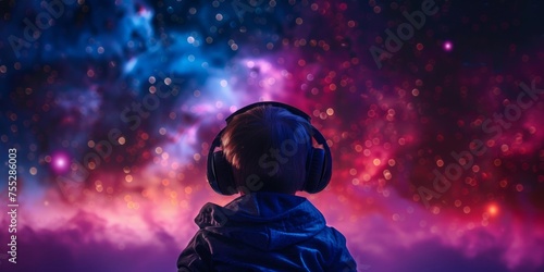 A young child with headphones gazes into a sparkling, colorful cosmic background, absorbed in sound. © tashechka