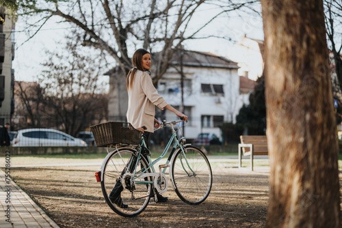 An elegant young woman looking back while riding a classic bike with a basket in an urban park setting.