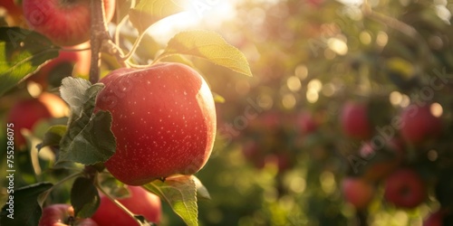 Close-up of a ripe red apple on a tree branch during a golden sunset, symbolizing harvest time and natural growth.