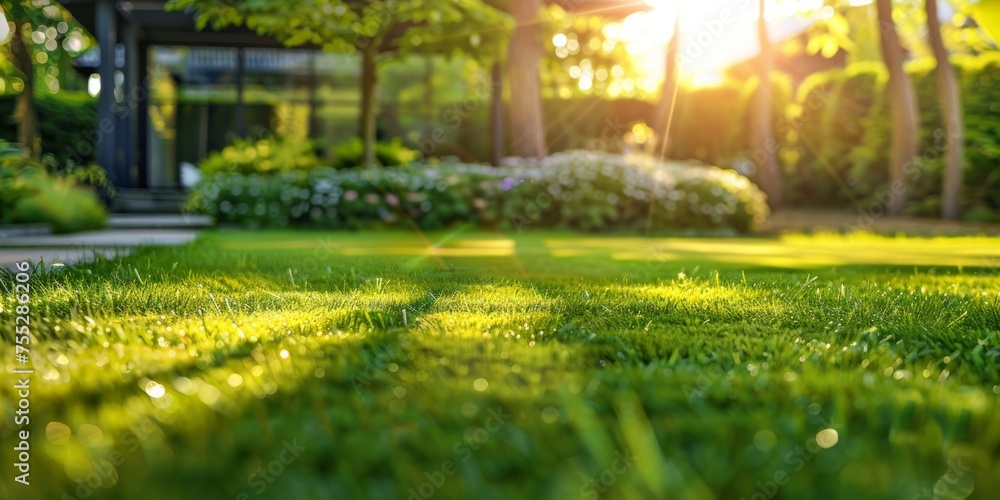 The warm sunset light bathes a lush green garden lawn in front of an elegant modern house at dusk.