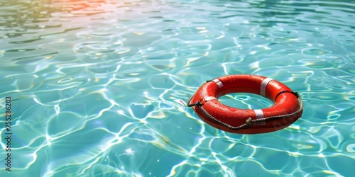 A vibrant red lifebuoy floats on the clear, shimmering water of a swimming pool on a sunny day.
